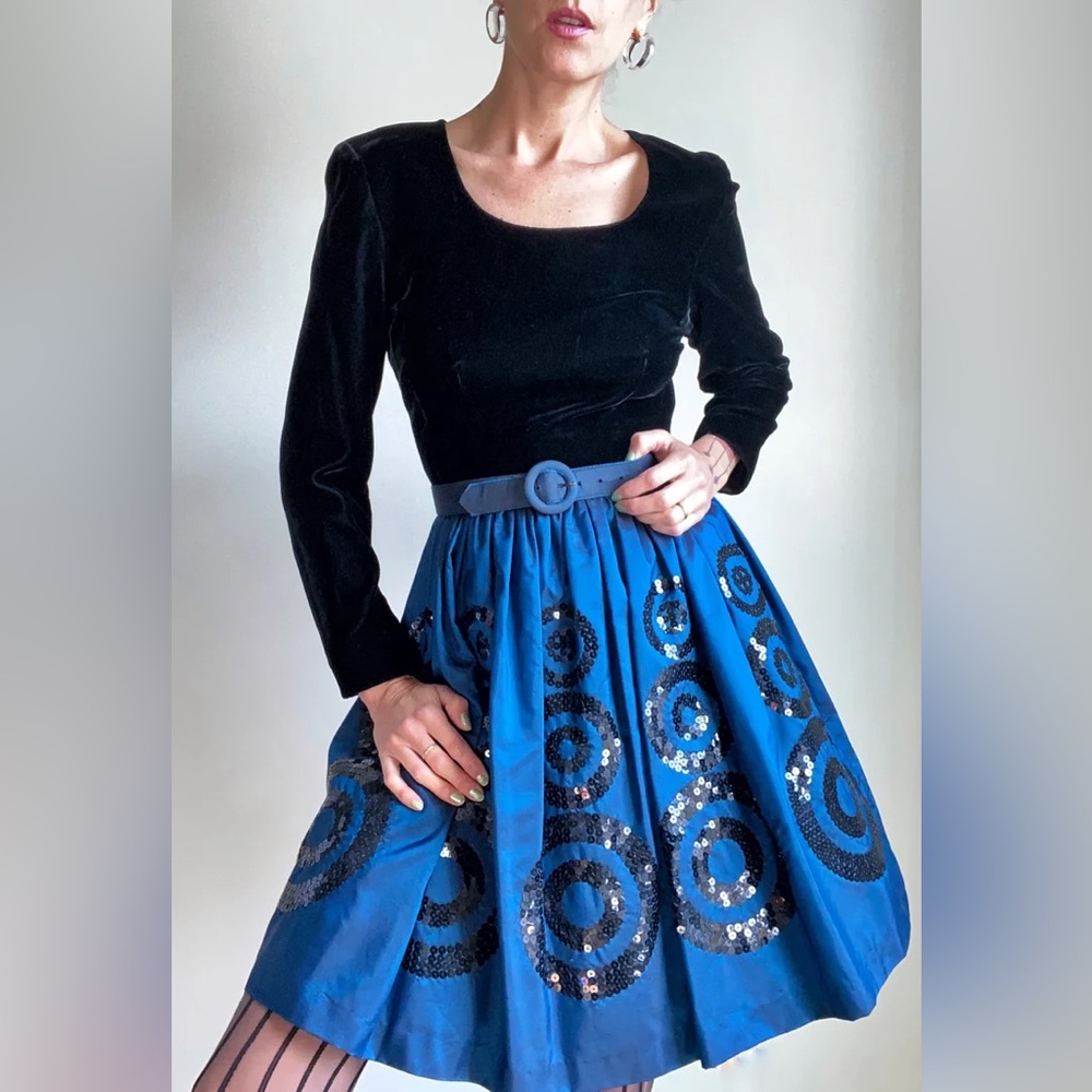 Vintage Liz Clairborne Parth Dress with Sequine Taffeta Skirt and Matching Belt
